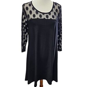 Nina Leonard Tunic Dress Polka Dot Mesh Yoke Long Sleeve A-Line Large Black